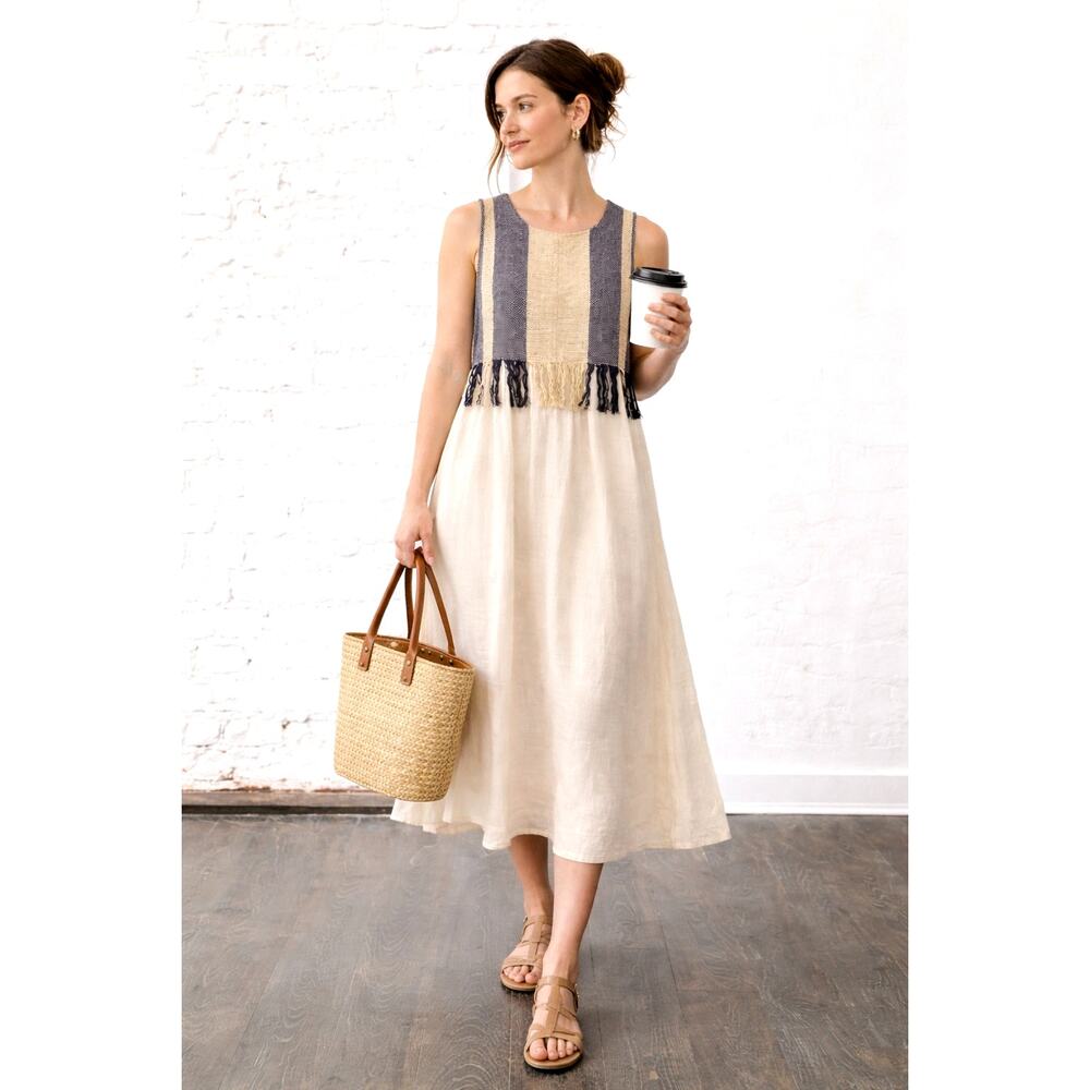 Sea New York XS Woven Linen Silk Midi Dress $595 Artisan Fringe Bodice Cream 0 2